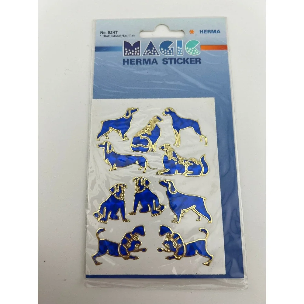 Vintage HERMA Magic Dog Stickers Blue Gold Foil No 5247 New Package